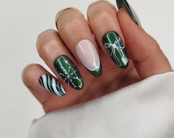 Christmas French Tip Press on Nails - Green Cat Eye Snowflake Bow Candy Cane Custom False Nails