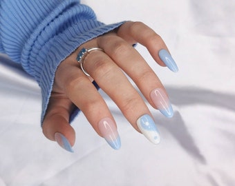 Press on False Nails, Pastel Blue White, Yin Yang, Almond Coffin Stiletto Square, Long Short Gloss Matt, Daughter Her, Mandala, French Tips