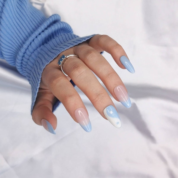 Press on False Nails, Pastel Blue White, Yin Yang, Almond Coffin Stiletto Square, Long Short Gloss Matt, Daughter Her, Mandala, French Tips