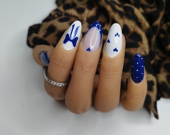 Dark Blue Valentines Heart & Polka Dot Mix Match Press on Nails