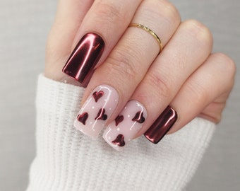 Valentines Chrome Heart, Press on False Nails, Red Pink White, Almond Coffin Stiletto Square, Long Short Gloss Matt, UK Love, Polka Dot