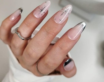Presse sur les ongles, flocon de neige de Noël argent chromé, cercueil carré amande stylet ovale de luxe, ensemble de faux faux ongles Royaume-Uni, cadeau d&#39;hiver de Noël