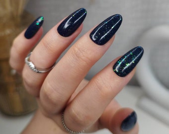 Press on Nails, Dark Blue Navy Glitter, Almond Square Coffin Oval Stiletto, Luxury,  UK Fake False Nails Set, Christmas Winter Autumn Fall