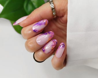 Purple Orange Pink Marble Press on False Nails, Smoky Marble Summer False Nail