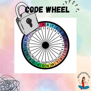 Puede incluir: Una colorida rueda de códigos con letras y números, con una ilustración de candado. El texto "CODE WHEEL" está en la parte superior. La rueda está dividida en segmentos con las letras A-Z y los números 1-26.