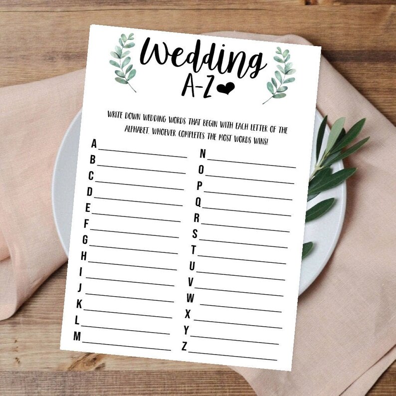 Wedding Abcs/az Bridal Shower Game Digital Print Greenery Etsy