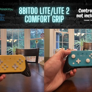 May include: Two 3D printed grips for the 8BitDo Lite and Lite 2 controllers. The grips are black and are shown in the image with a yellow and a blue controller. The text "8BITDO LITE/LITE 2 COMFORT GRIP" is shown in neon green letters on a black brick background. The text "Controller not included" is shown in white letters on a black brick background.