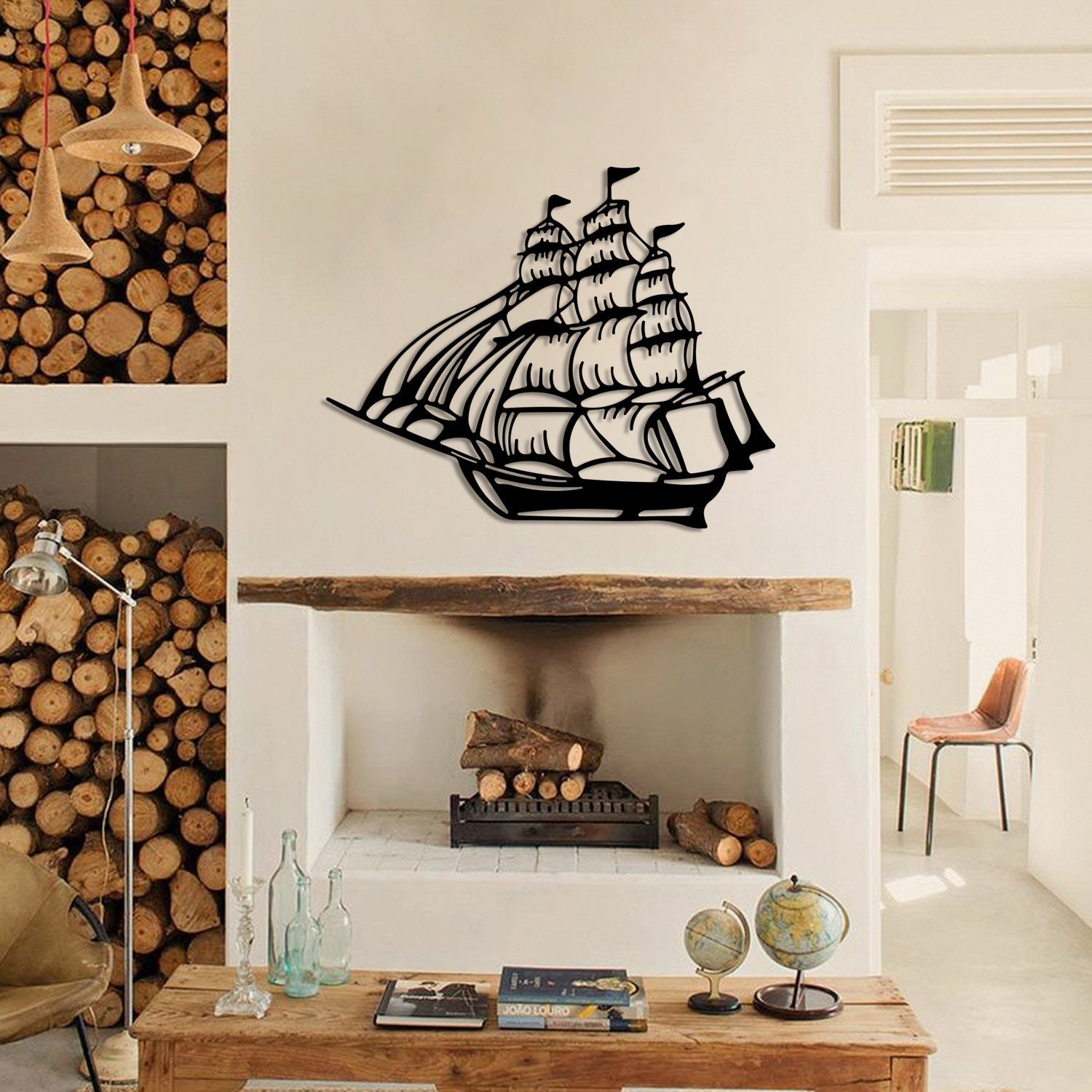 Boat Wall Decor, Ship Metal Art, Nautical Navy Marine Lake House Decor, Minimalist Design, Sea Life 