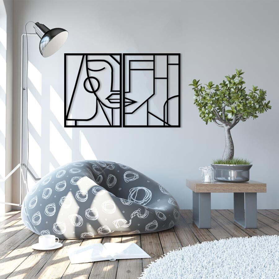 Woman & Man Metal Line Art, Geometric Wall Decor, Cubic Egyptian Mythology, Outdoor Woman Face Art