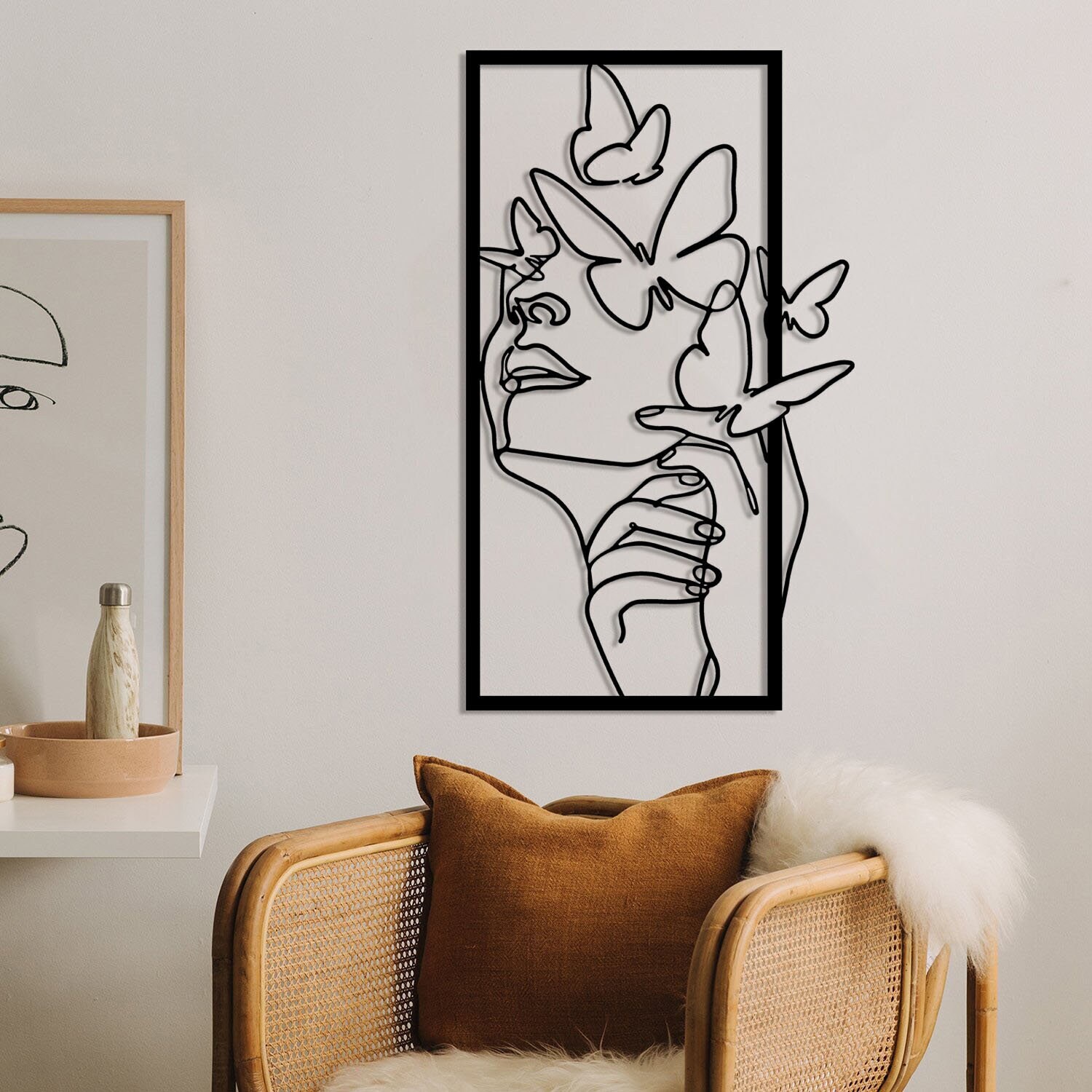 Minimal Woman Face Line Art, Butterfly Lady, Minimal Decor, Female Art, Female With Butterflys Art, 