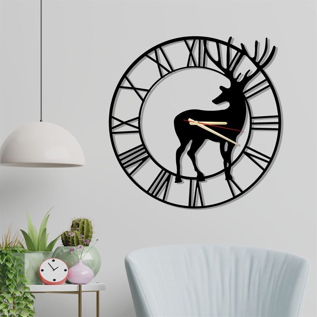 Deer Wall Clock, Home Interior, Decor Minimalist, Art Roman Numeral, Decor, Deco, Metal 60cm, 23.6In