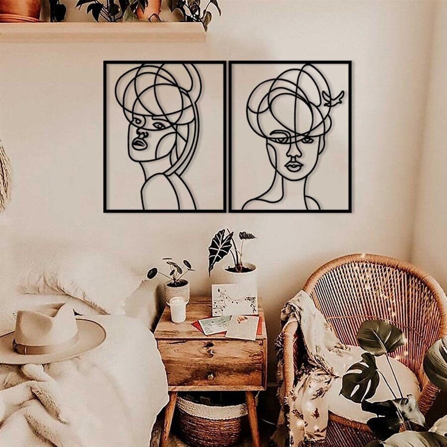 Femme Art Mural en Métal, Décoration Murale Pour Intérieure Des Pièces de Vie, 2 Pièces