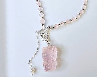 Rose Quartz Hi Kitty Necklace: Gold Plated 925 Silver