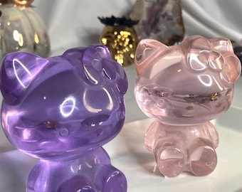 Geheel natuurlijk roze of paars opaliet 'Hi' Kitty Carving-beeldje