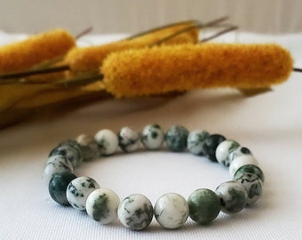All Natural Tree Agate 8MM Crystal Stone Jewelry Bracelet. Gemstone Bead Bracelet.