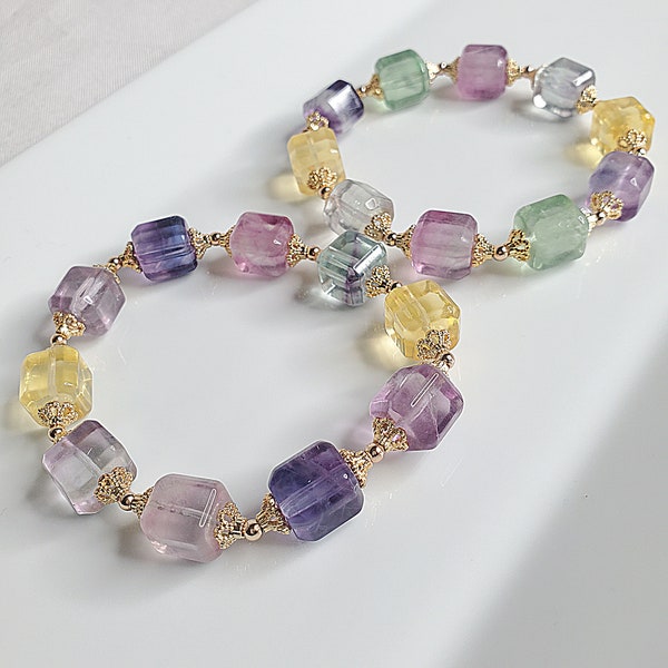 All Natural Flourite Cube Crystal Bracelet, Customizable.