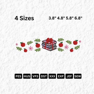 May include: An embroidered design featuring a stack of books tied with a red bow, surrounded by red apples, pink flowers, and green leaves. The text "4 Sizes" and measurements 3.8", 4.8", 5.8", and 6.8" are displayed. Below are file format abbreviations.