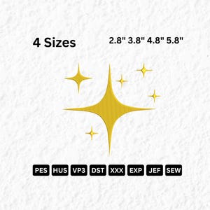 Może przedstawiać: Złoty wzór gwiazdy w czterech rozmiarach: 7,1 cm, 9,7 cm, 12,2 cm i 14,7 cm. Obraz zawiera również tekst "4 Rozmiary" oraz kilka skrótów formatów plików: PES, HUS, VP3, DST, XXX, EXP, JEF i SEW. Projekt znajduje się na białym tle.