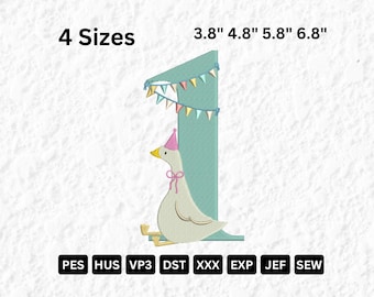 Goose 1st Birthday Embroidery Design: Party Hat Applique (Digital Download
