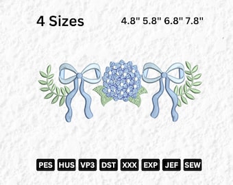 Hydrangea Bow Embroidery Design: Floral Coquette Motif (Digital Download)