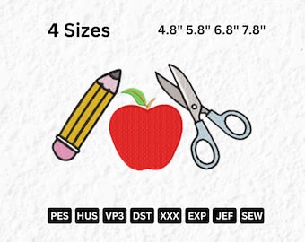 Teacher Back to School Embroidery Design: Pencil, Apple, Scissors (Digital Download)