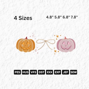 Pumpkins Coquette Bow Embroidery Design, Halloween Embroidery Design, Cute Pumpkin Bow Machine Design, 4 Sizes, Instant Download EMB 00076