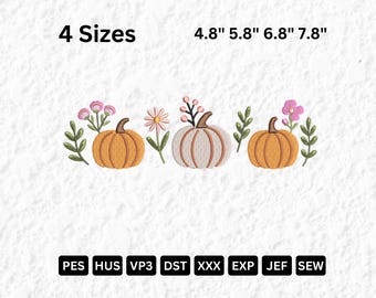 Pumpkin Floral Embroidery Design Autumn Harvest Machine Embroidery File Fall Pumpkin Flowers Pattern