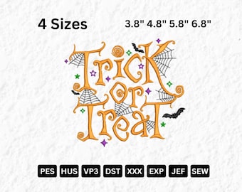 トリック・オア・トリートの刺繍デザイン：ハロウィンのカボチャ、コウモリ（デジタルファイル）