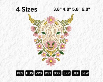 May include: Embroidered design of a Highland cow's head, adorned with pink flowers and green leaves. The design includes a gold nose ring and horns. Text indicates four sizes: 3.8", 4.8", 5.8", and 6.8". File formats: PES, HUS, VP3, DST, XXX, EXP, JEF, and SEW.