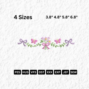 May include: Embroidered floral design with pink butterflies, bows, and a bouquet. The design is available in four sizes: 3.8", 4.8", 5.8", and 6.8". Includes embroidery file formats: PES, HUS, VP3, DST, XXX, EXP, JEF, and SEW.