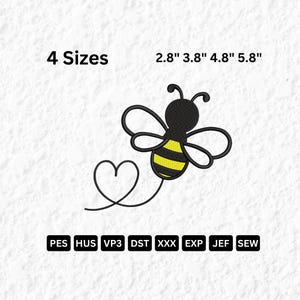 May include: A black and yellow bee with a heart-shaped tail, with the text "4 Sizes" and size measurements of 2.8", 3.8", 4.8", and 5.8". The image also includes file type abbreviations: PES, HUS, VP3, DST, XXX, EXP, JEF, and SEW.