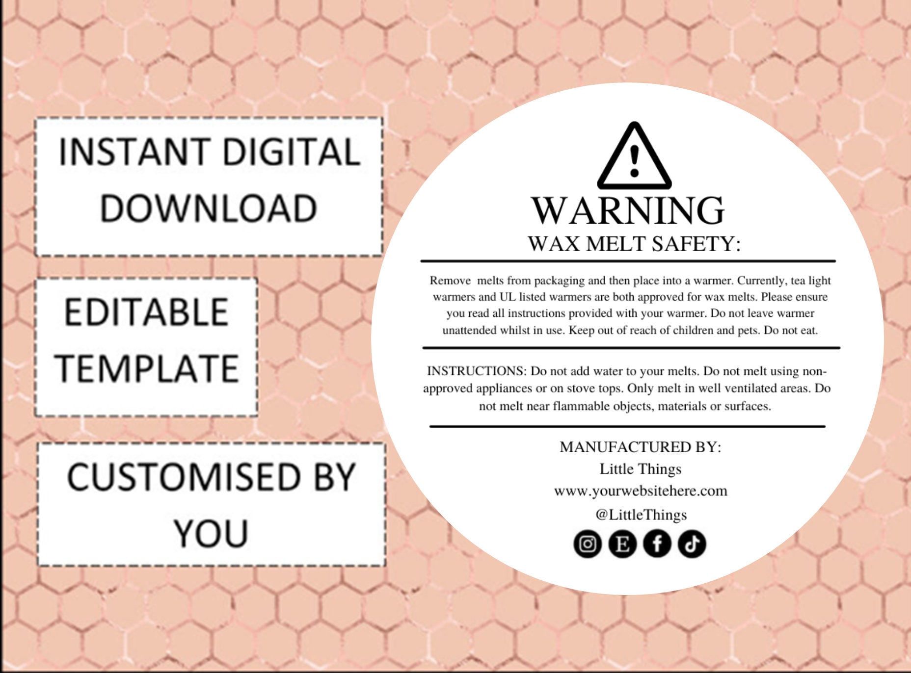 Wax Melt Warning Label Template, EDITABLE Care & Fire Safety