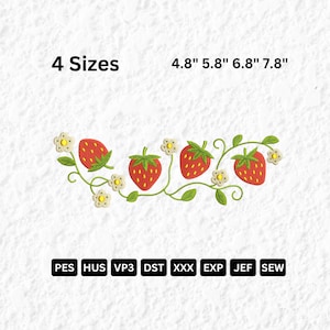 May include: An embroidery design featuring red strawberries with green leaves and white flowers. The design is available in four sizes: 12.2 cm, 14.7 cm, 17.3 cm, and 19.8 cm. The image also displays the file formats: PES, HUS, VP3, DST, XXX, EXP, JEF, and SEW.