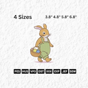 Puede incluir: Diseño bordado de un conejo de dibujos animados con un peto verde y una cesta de huevos de Pascua. Se muestra el texto "4 Tamaños" y las medidas de 9,65 cm, 12,19 cm, 14,73 cm y 17,27 cm. Se enumeran los formatos de archivo de bordado.