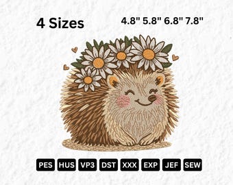 Happy flower hedgehog Embroidery Design, Cute forest animal Machine Embroidery File, 4 sizes, Instant Download, daisy embroidery, flower,pes