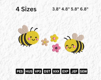 Cute Bee Embroidery Design, Smiley Bees and Flowers Digital Machine Embroidery File, Summer Embroidery, Flower Embroidery, Summer, Insect