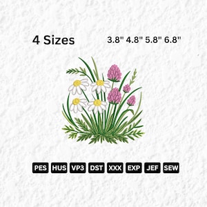 Op de afbeelding: Een geborduurd bloemmotief met witte madeliefjes met gele centra en roze klaver. De afbeelding bevat de tekst "4 Maten" en afmetingen van 9,65 cm, 12,19 cm, 14,73 cm en 17,27 cm. Borduurformaatbestanden worden vermeld.