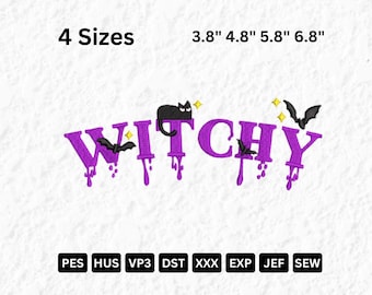 Witchy Halloween Embroidery File: Gothic Witch, Black Cat (Digital Download)