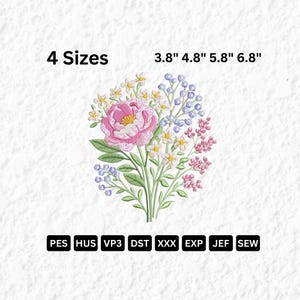 Könnte beinhalten: Ein gesticktes Blumendesign mit einer großen rosa Pfingstrose, kleinen weißen Blüten, blauen und rosa Akzenten und grünen Stielen. Das Design ist in vier Größen erhältlich: 9.65cm, 12.19cm, 14.73cm und 17.27cm. Das Bild zeigt auch verschiedene Stickdateiformate.