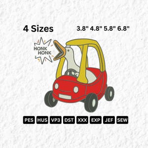 May include: An embroidered design featuring a duck in a red toy car with yellow details. The duck is honking, with a speech bubble saying "HONK HONK". Available in 4 sizes: 9.65cm, 12.19cm, 14.73cm, and 17.27cm.