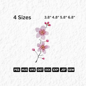 May include: Pink cherry blossom embroidery design in four sizes: 3.8 inches, 4.8 inches, 5.8 inches, and 6.8 inches. Available in PES, HUS, VP3, DST, XXX, EXP, JEF, and SEW file formats.
