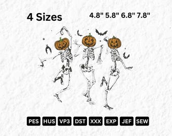 Disegno per ricamo di Halloween con zucca scheletro danzante (file digitale)