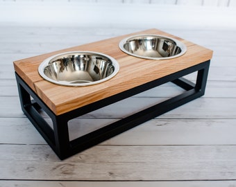 Oak double dog bowl, wooden elevated pet bowls, dog bowl stainless steel, Bowl capacity 700 ml