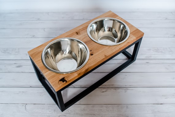 Large Dog Bowl 7.9 With Raised Stand Wooden Table Top and Black Frame /  Large Dog Feeder / Feeding Station With 2 Dog Bowls 1400 Ml 