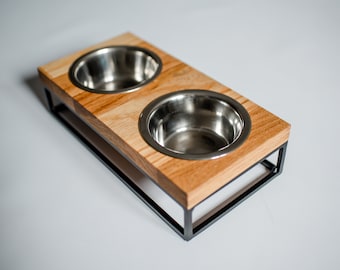 Oak double dog bowl, wooden elevated pet bowls, dog bowl stainless steel, ergonomic dog bowl, Bowl capacity 450 ml