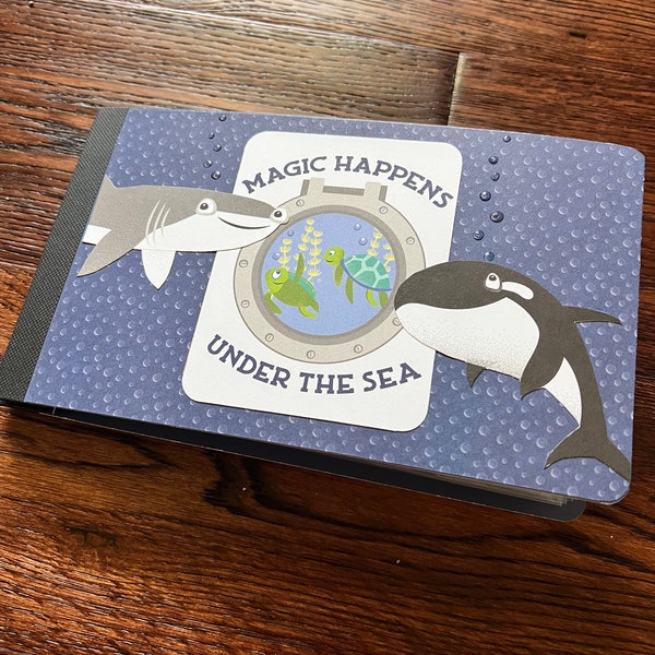 SALE! Handmade scrapbook album, 4”x6" pages, great gift, aquarium vacation memories, ocean life, fish, sharks, whales, memory keeping