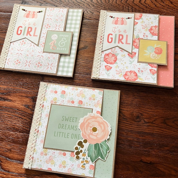 Handmade cardstock card folio, baby girl card, 6x6”, new baby gift, great gift, memory keeping, photo album