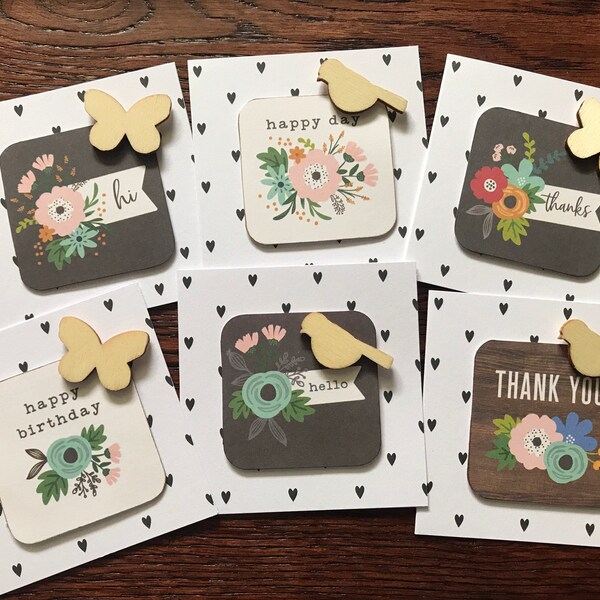 Handmade mini cards with flowers, butterflies, bees, various designs and sentiments, choose from 4 sets