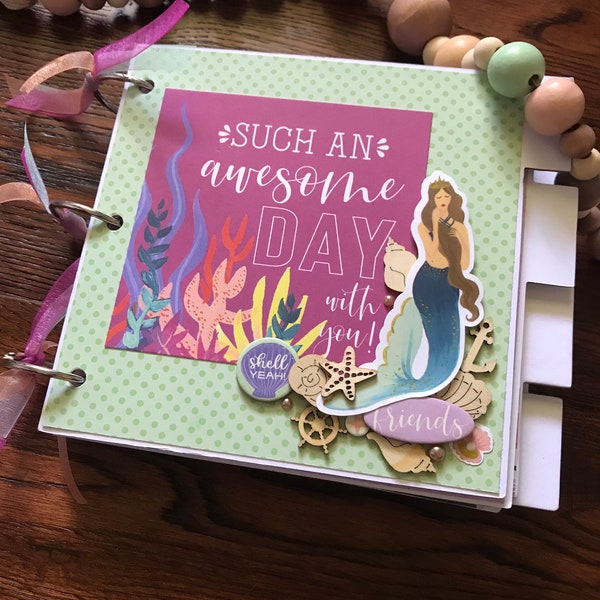 SALE! Handmade chipboard mini scrapbook album, 6” pages, great gift, mermaid theme, ocean theme, sea horses theme