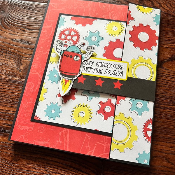 Handmade cardstock folio scrapbook album, 6x8”, great gift, robot theme, boys photo album, kids, memory keeping, photo album